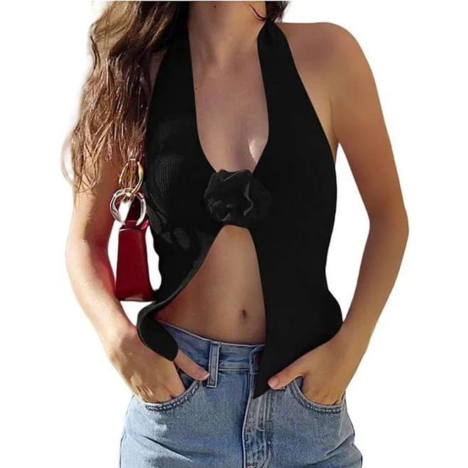 3D Flower Halter Neck Backless Crop Top