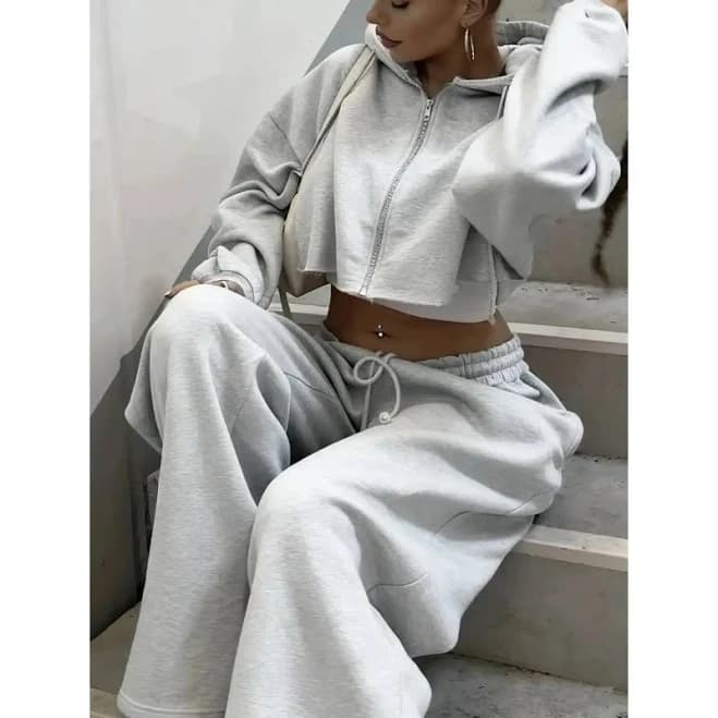 Women's Casual Breathable Zip Up Crop Hoodie and Drawstring Waist Sweatpants