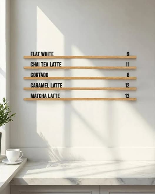 Coffee Shop Menu Display, Restaurant Menu Board, Wall Mounted Wooden Rails, Oak Wall Menu Board, Custom Cafe Menu Sign, Cafe Menu Rails