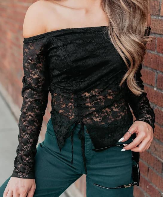 Women's Up to Standard Ruched Lace Asymmetric Long Sleeve Top