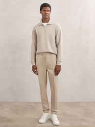 Reiss Premium Interlock Half-Zip Polo Sweatshirt in Stone | REISS