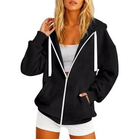 Xiaonu Womens Hoodies White Drawstrings Zip Up Hooded Jacket Loose Fit Long Sleeve Kangaroo Pocket Solid Color Streetwear Coat Black M, Women's, Size: