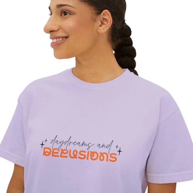 Delusions and Daydreams Y2k Aesthetic Retro Mirrored Text Tee | Cropped Boxy White T-Shirt