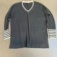 Vince Camuto Black and White V-Neck Sweater with Striped Cuffs