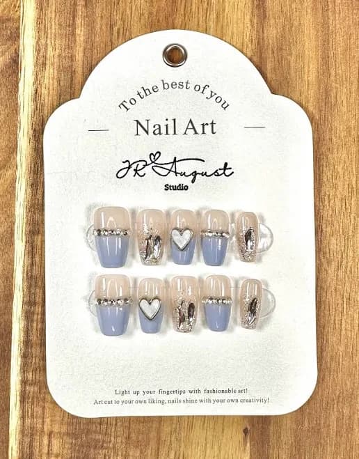 Press On Nails Handmade Blue Heart Diamond Coffin Medium S M L