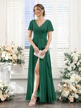 Lavetir Bridesmaid Dresses 2026 Line V-Neck Short Sleeves Split Side Floor-Length Chiffon