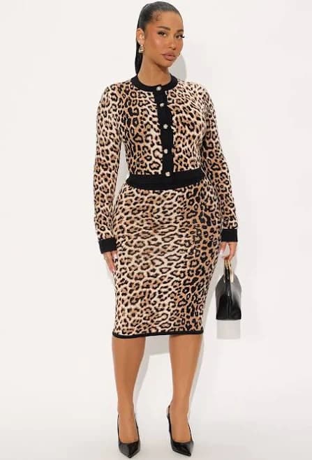 Fashion Nova Leopard Sweater Cardigan Mini Skirt Set