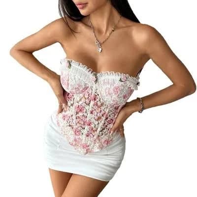 Coolmee Women's Floral Print Lace Bustier Corset Top