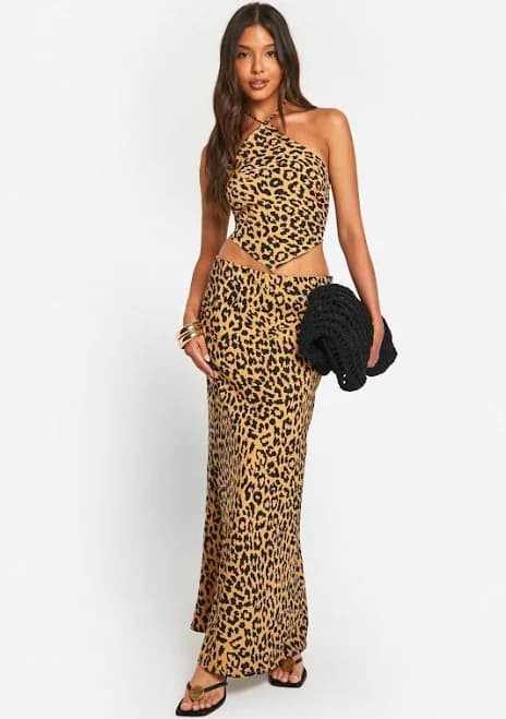 Boohoo Women's Leopard Print Halter Crop & Flared Maxi Skirt
