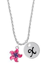 Delight Jewelry Silvertone Hot Pink and Purple Plumeria Flower Silvertone Script Initial Disc - T - Charm Necklace, 20"+3" - Walmart.com