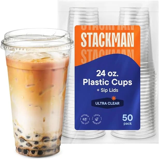 Pet Crystal 24 Oz Clear Plastic Cups with Strawless Sip- Lids