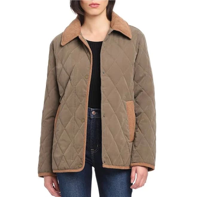 Vince Camuto Women's Cotton Touch Diamond Quilt Down Point Collar Water Resistant Barn Coat