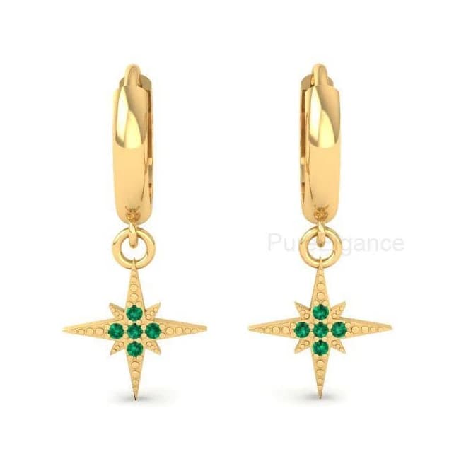 14K Gold Celestial Emerald Star Dangle Huggie Hoops