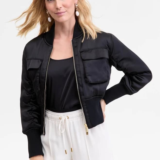 INC International Concepts Women's Satin Shrunken Bomber Jacket