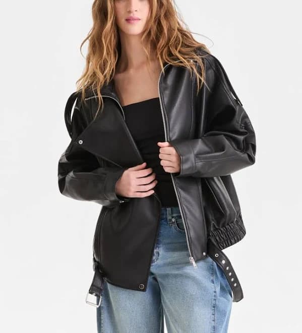 BarIII Women's Faux-Leather Zip-Front Bomber Jacket