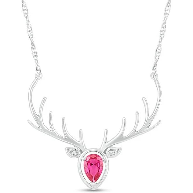 Zales Sterling Silver Pear-Shaped Lab-Created Ruby and Diamond Deer Necklace