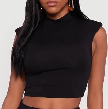 Women's Shoulder Padded Mock Neck Sleeveless Crop Top