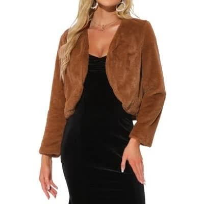 Inspire Chic Women's Cropped Faux Fur Open Front Jacket