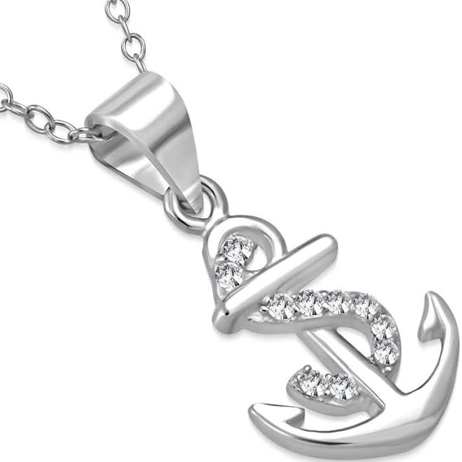 925 Sterling Silver White CZ Anchor Marine Pendant Necklace