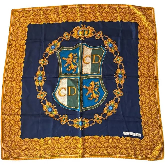 Dior Navy Silk Scarf with Gold Emblem & Ornate Border