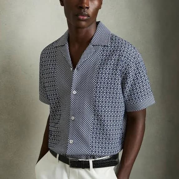 Reiss Matisse Geometric-Jacquard Cuban-collar Men Shirt