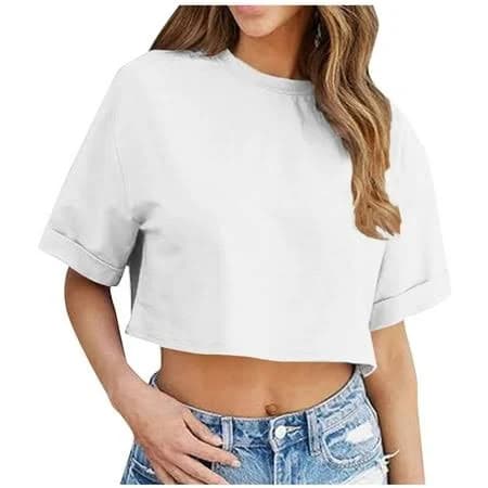 Women's Casual Loose Crew Neck Short Sleeve Crop Top