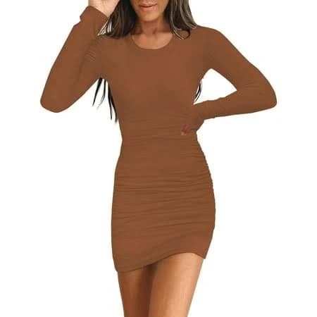 Women's Long Sleeve Ruched Stretchy Ribbed Mini Dress