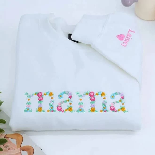 Mama Floral Hoodie or Sweatshirt with Custom Embroidered Kids Name On Sleeve Military Green / S