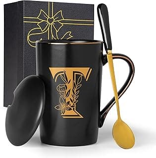 Letter T Personalized Initial Mugs with Flower, Letter T Personalized Coffee Mug, Customized Cool Letters Mugs for Women, Bridal Shower Gifts, Women's Initials Gifts Mug 14 OZ Matte Black