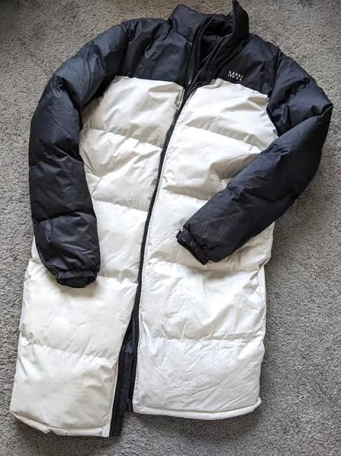 Boohoo Man Medium Long Puffer Coat Black White Full Length 2-tone Snow