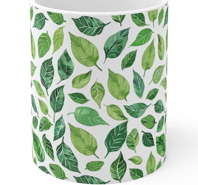 Green Leaf Pattern Mug, Botanical Coffee Cup, Plant Lover Gift