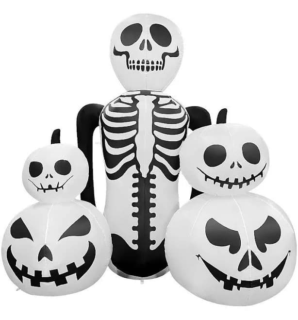 GOOSH 6FT Inflatable Skeleton with Pumpkins Light-Up Halloween Yard Decoration, White And Black