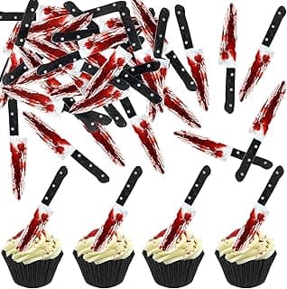 Ercadio 65Pcs Edible Halloween Cupcake Toppers Edible Happy Halloween Cake Picks Horror Bleeding Knives Cupcake Decors for Baby Shower Party Cake Decoration