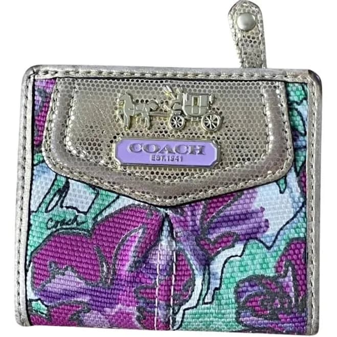 Coach Purple Floral Canvas Snap Wallet with Gold Hardware