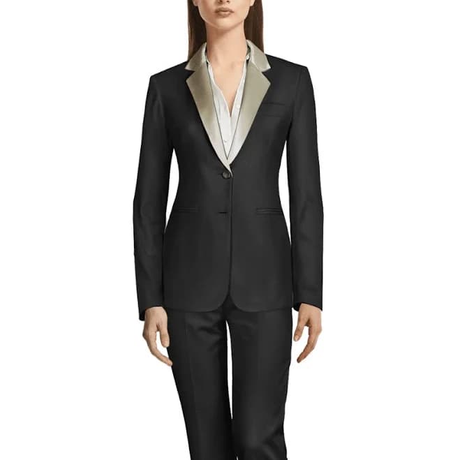 Black shiny Woman Tuxedo with cream lapels