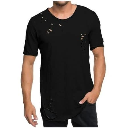 Men's Trendy Crew Neck Short Sleeve Holes Ripped Shirt