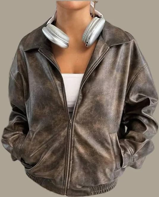 Grunge Oversized Faux Leather Bomber Jacket