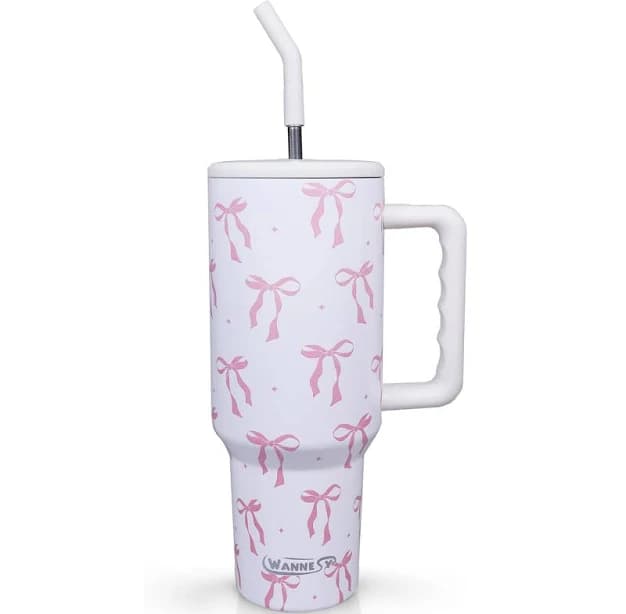Bow Tumbler with Handle, Straw Lid, and Birthday Christmas Double Insulated Cup