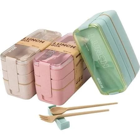 3 Pack Stackable Bento Box Adult Japanese Lunch Box Kit with Spoon & Fork, 3-In-1 Compartment Wheat Straw Meal Prep Containers (Green/Pink/Beige)