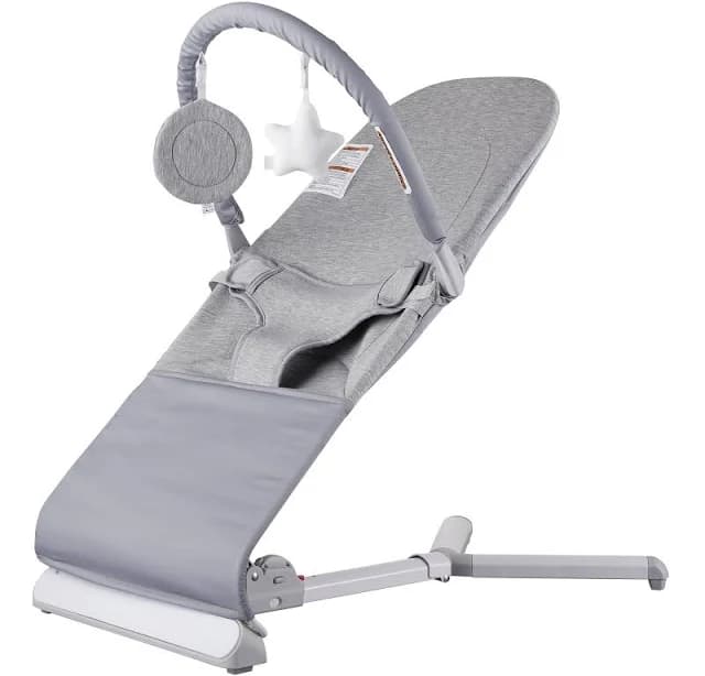 Light Grey Adjustable Baby Bouncer Seat with Toy Bar, 2 Recline Angles, Foldable Rocker,