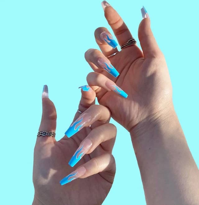 Blue Flame Fire Design Long Coffin Ballerina Press On Nails 24pcs Fake