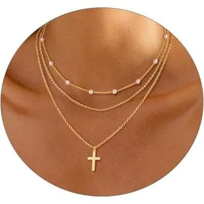 14K Gold Plated Dainty Pearl Cross Necklace Set