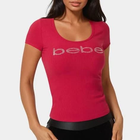 Women's Bebe Logo Short Sleeve Round Neck Rib Top