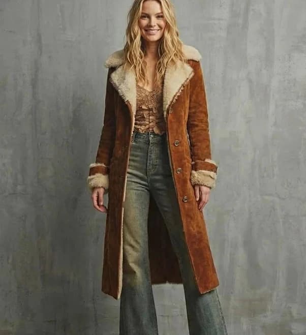 Womens Genuine Suede Shearling Coat | Brown Long Winter Jacket | Women