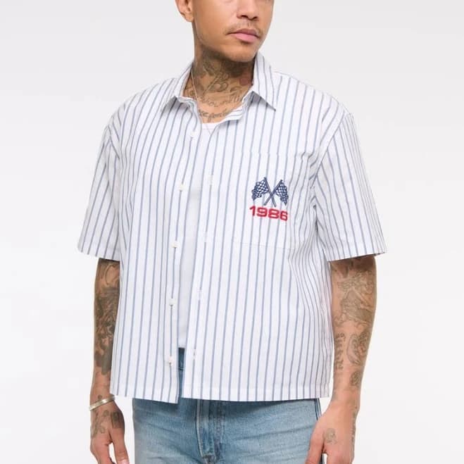 Abercrombie & Fitch Men's Racing Workwear Short-Sleeve Button-Up Shirt