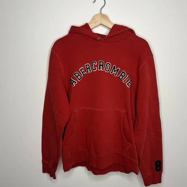 Abercrombie & Fitch Hoodie Mens Large Red Logo Pullover Sweatshirt 8
