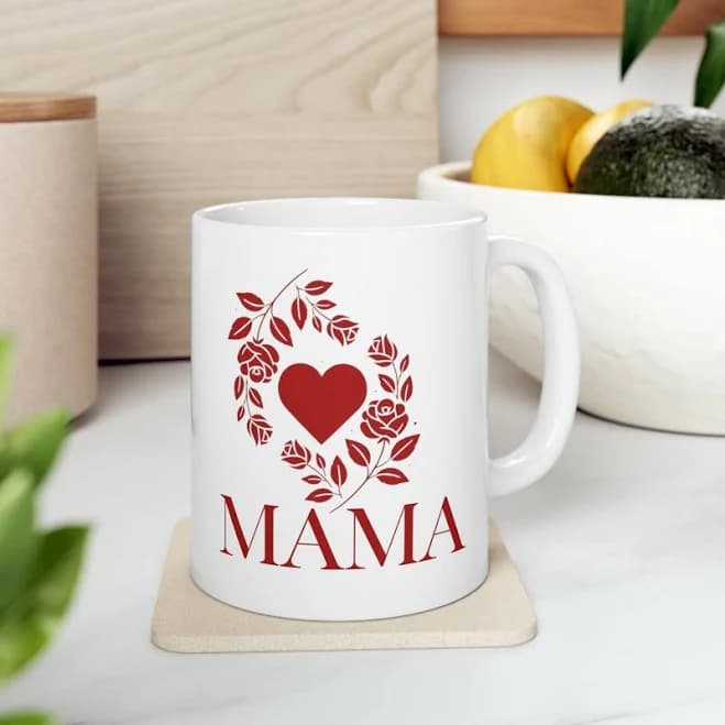 RED Hearts and Flowers MAMA MUG, Mother Day Cup, Mummy Botanical Mug, Two Tone Gardening Mug, White Ceramic Coffee Cup, Motherhood Gift Idea