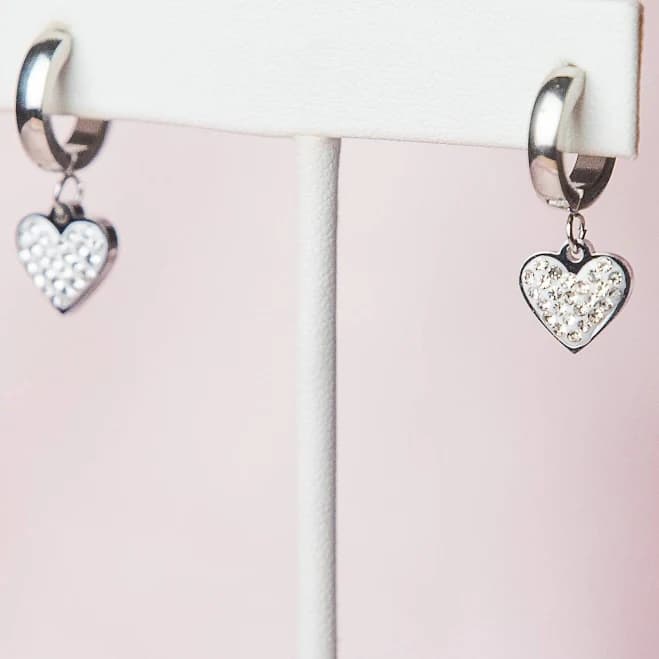 Pave Rhinestone Heart Dangle Huggie Earrings in Silver