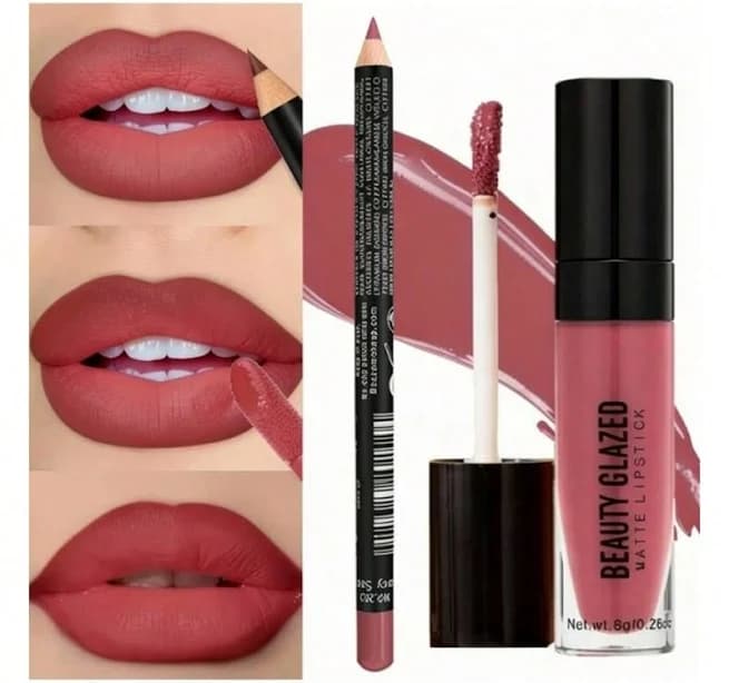 beauty glazed BEAUTYGLAZED 2pcs/Set Velvet Texture Lip Makeup Set-Lip Liner+Lip Glaze-Waterproof Long-Lasting Matte Effect, Red, Brown Colors, Create