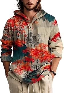 Men's Bohemian Hooded Shirt Terry Cloth Long Sleeve Lightweight Button Up Ethnic Print Relaxed Fit Fall Beach Top